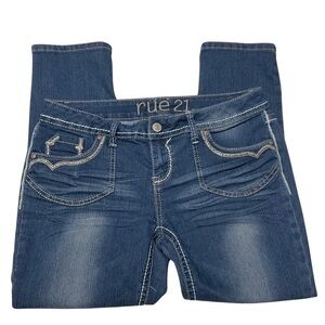 Rue21 Y2K Jeans Womens 9/10 Blue Embroidered Skinny Ankle Low Rise Western 32x24